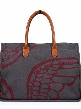 MAKE LOVE NOT TRASH Cotton Canvas Leather Wing Gray Tote Bag